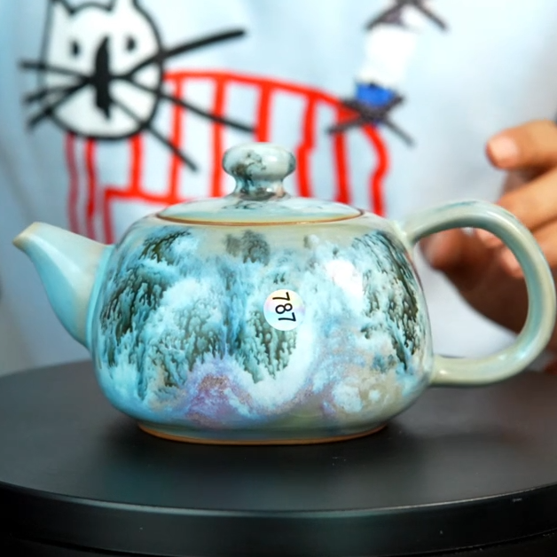 原矿原产地钧瓷炭烧山水釉茶杯茶壶茶具送礼礼盒装中原壶手工茶器