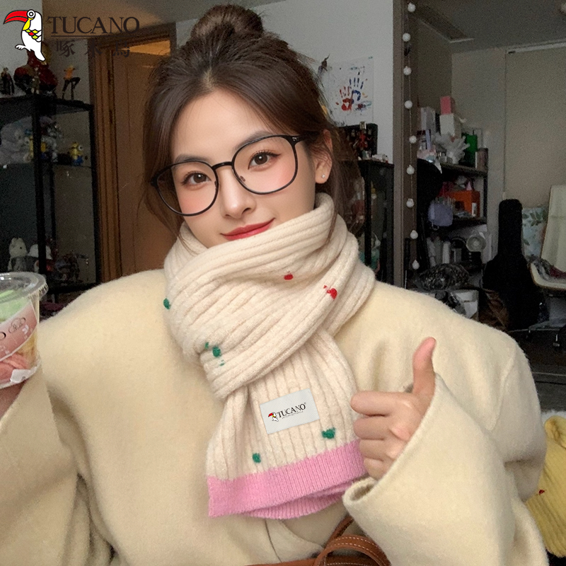 啄木鳥含羊毛新款毛线围巾女秋冬季韩版百搭学生加厚保暖护颈围脖