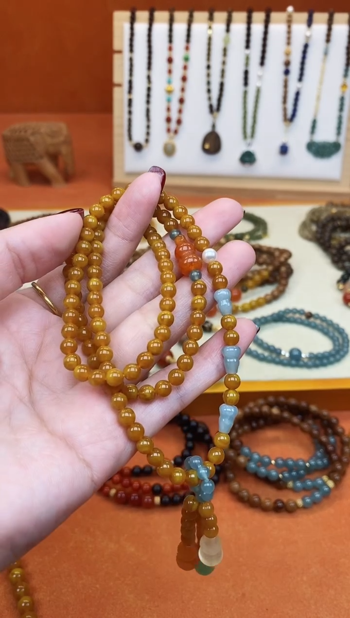 手链蜜蜡未镶嵌多圈蜜蜡蓝水葫芦手链