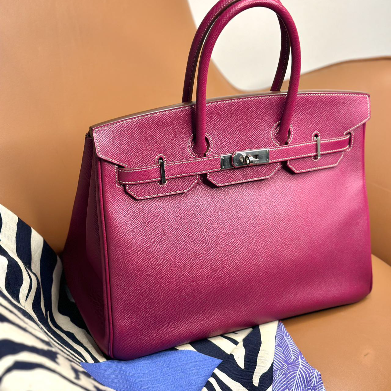 99新 Hermes/爱马仕 蓝总专场/托斯卡紫birkin35银扣手提包  框O