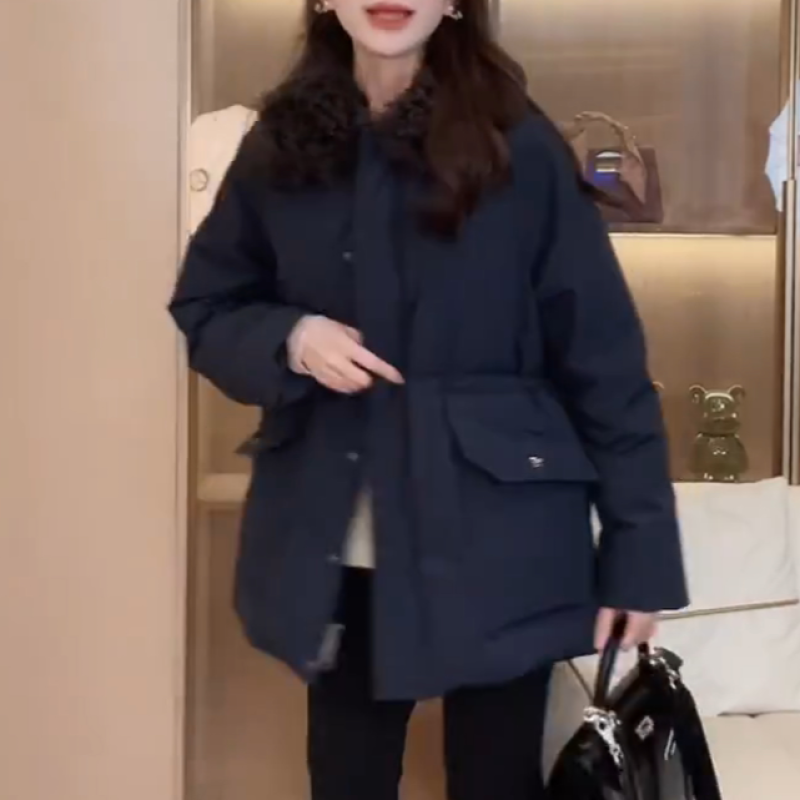 【奥本海默】秋冬时髦百搭毛领绒感显瘦黑色棉服外套 