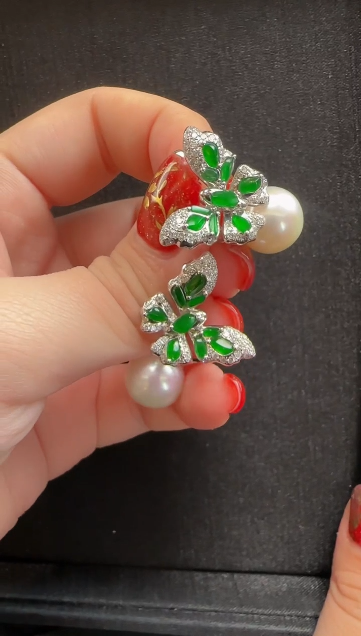 【闪购商品】翡翠耳环18K金镶嵌049蝴蝶一对