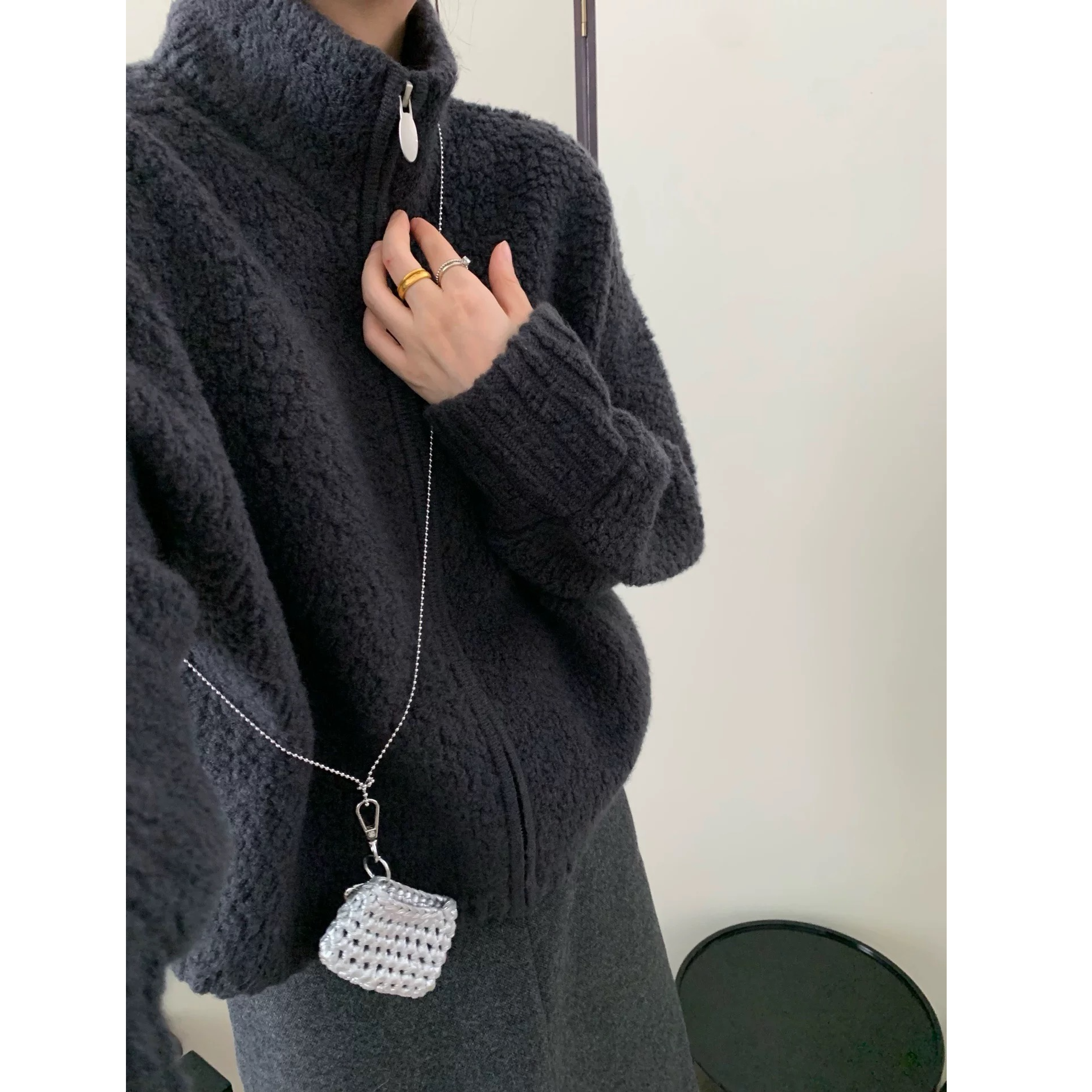 【运费补贴】深灰色圈圈毛法式开衫宽松卫衣长袖显瘦百搭针织衫女