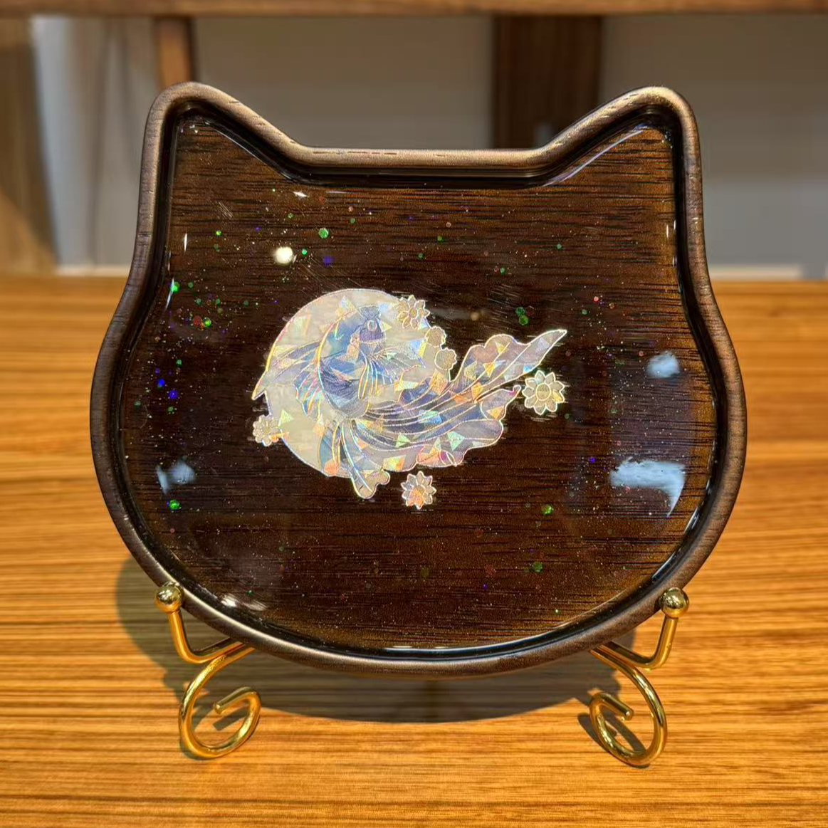 龙福木艺 金丝柚木 猫头螺钿壶承 16.15.2cm 150