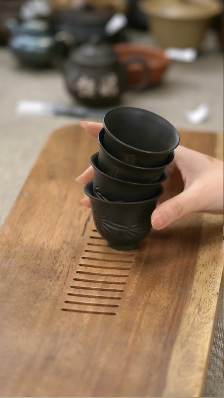 陶建水紫陶竹刻主人杯4个-+