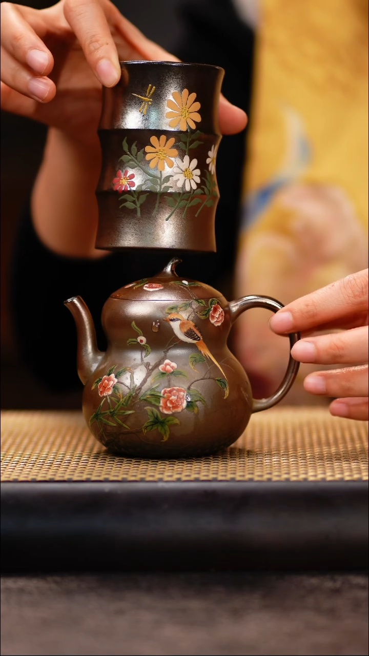 LJY51天青柴烧 葫芦（花鸟）一壶一杯