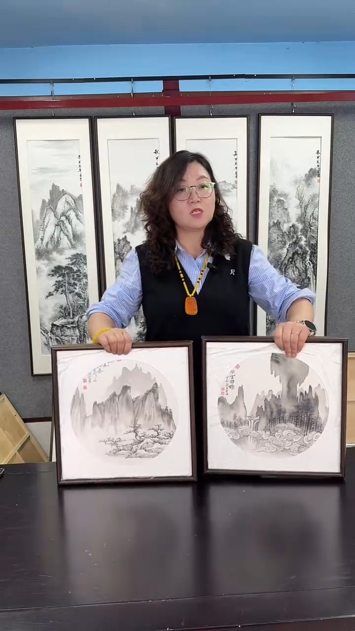 国画实木装裱38 38  2一对山水