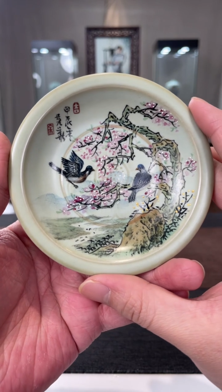【闪购商品】摆件余秀华老师作品同心杯盏（春桃报喜）