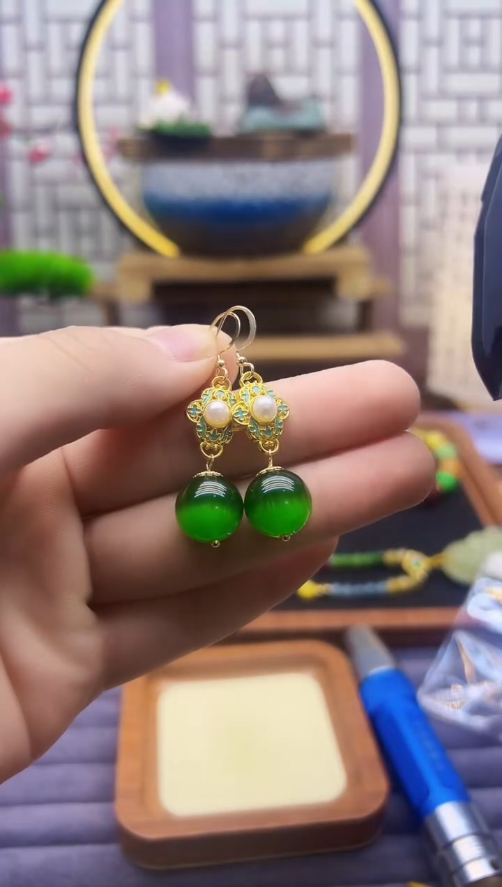 碧玺猫眼耳饰14K金镶嵌E56