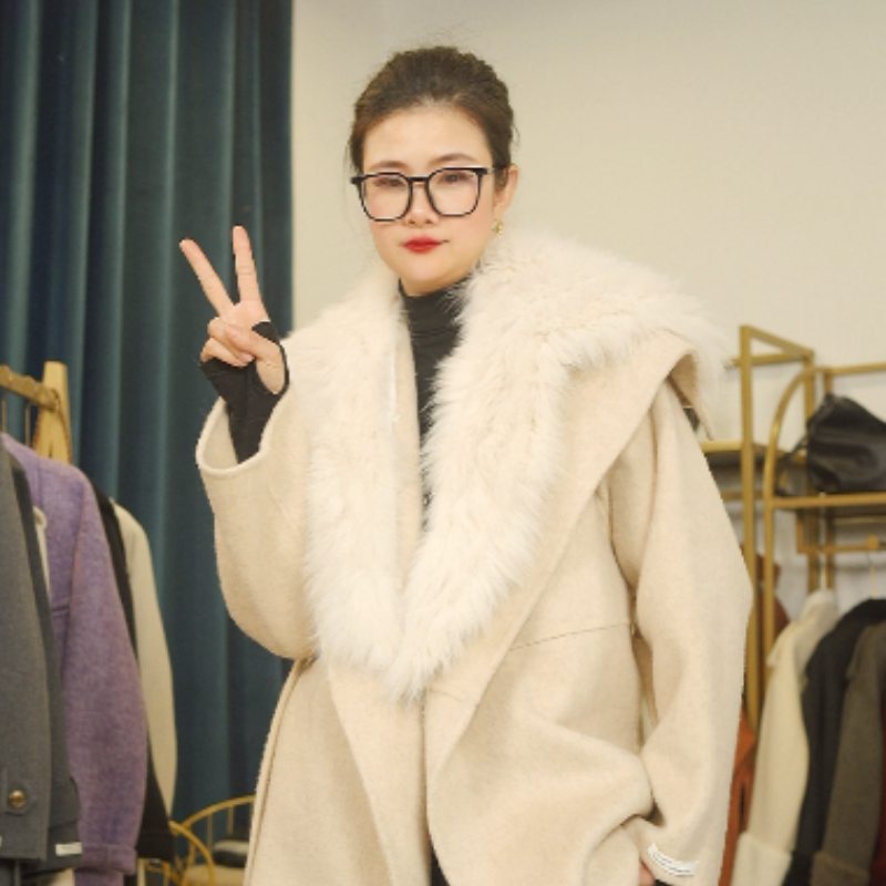 【 25824】狐狸毛披肩可拆卸中长款加腰带高贵网红秋冬保暖羊毛大衣