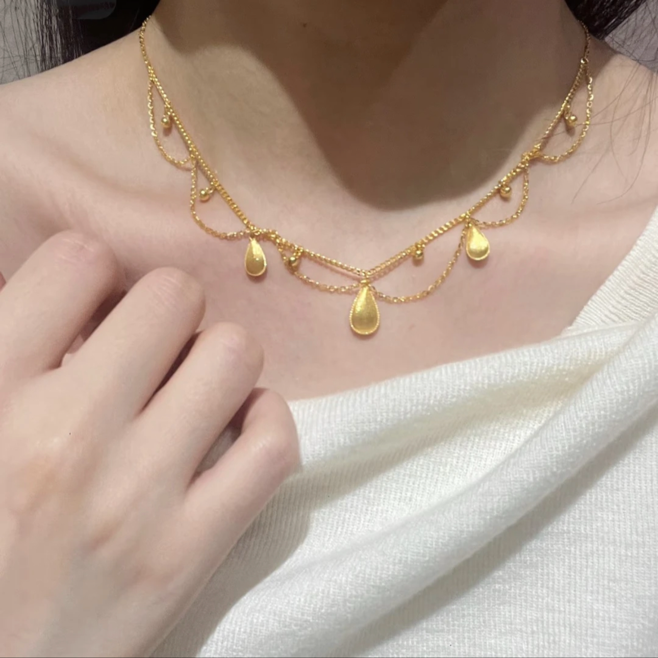 铜合金项链  蕾丝水滴流苏项链女镂空吊坠新款锁骨套链时尚一体链