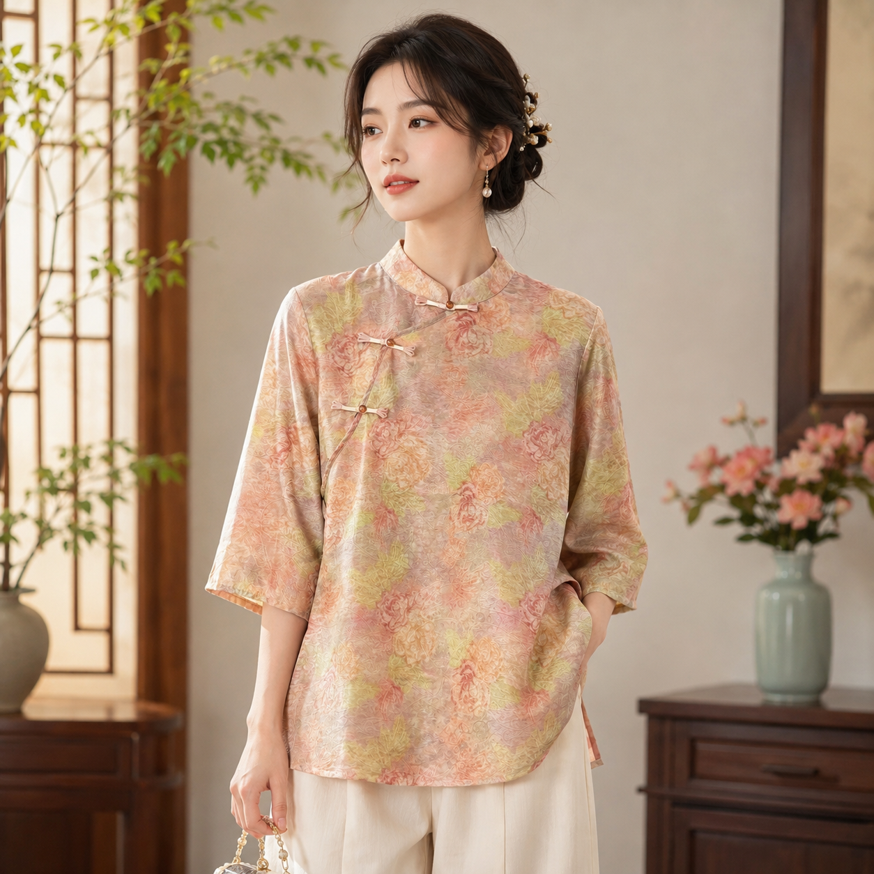 浮光暗纹月季盘扣女短袖宽松女装【金羚鸟8335】