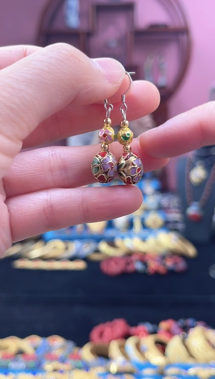 非遗 景泰蓝 金地 耳环 枣珠