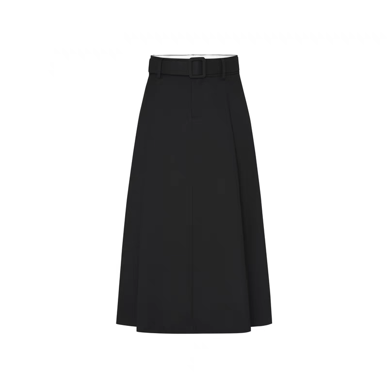 2040摩中高腰长款压褶宽松A字半身裙伞裙(附腰带)设计感裙子