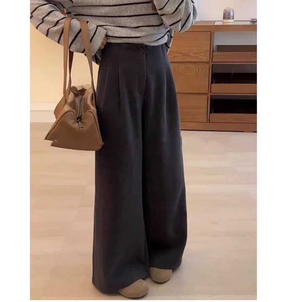 【现货➕运费险】慵懒高级感灰色毛呢裤子女款高腰直筒裤阔腿裤