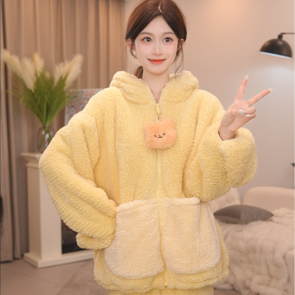 【黄油小熊A】家居服睡衣套装女冬季加厚连帽保暖甜美可爱可外穿