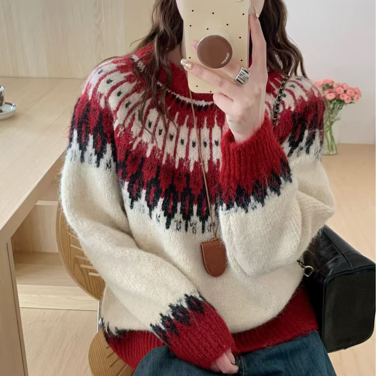 费尔岛针织衫女宽松拼色厚款针织不褪色复古圆领毛针织衫毛衣冬季