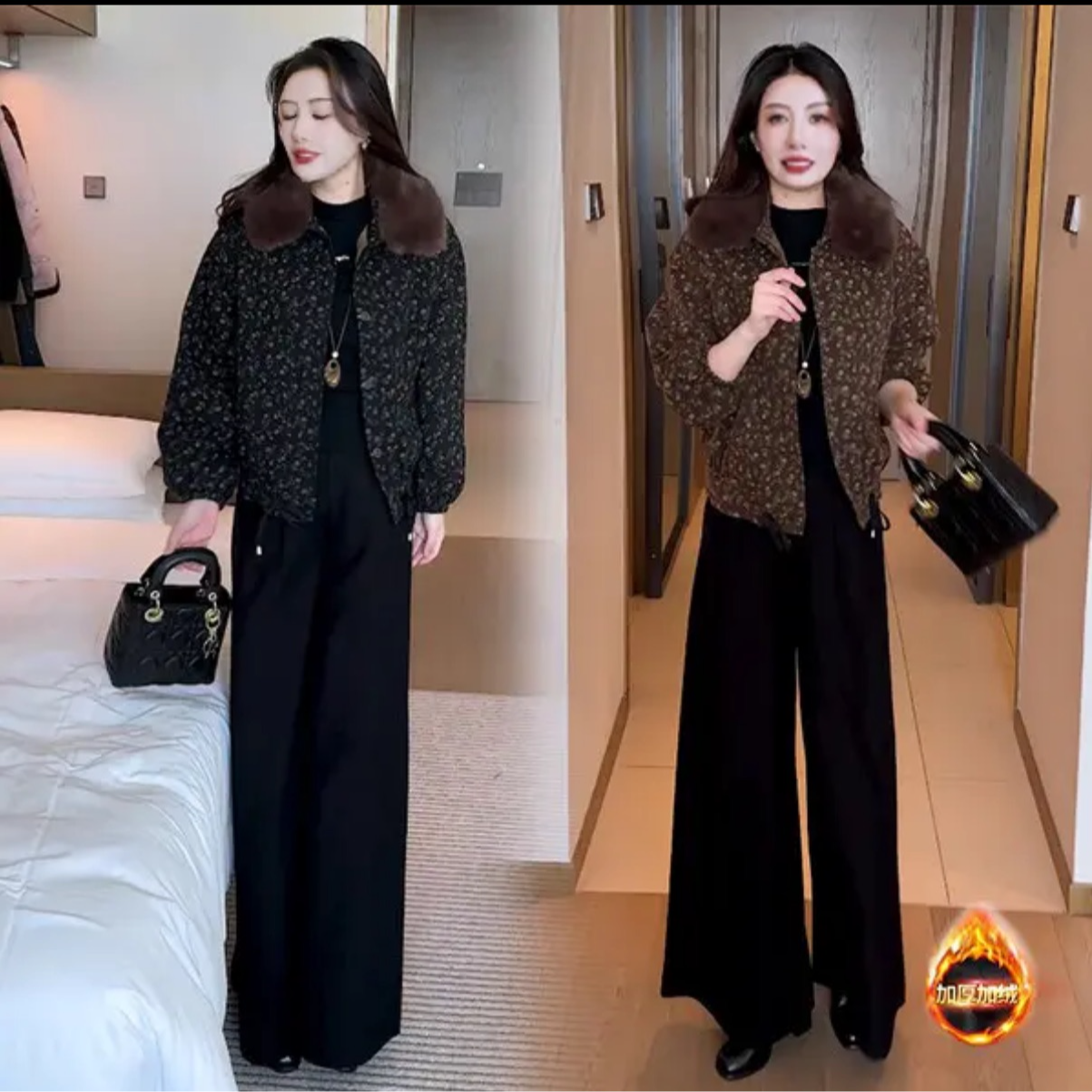 秋冬新款加绒保暖外套中年妈妈宽松百搭遮肉显瘦宽松气质毛领夹克