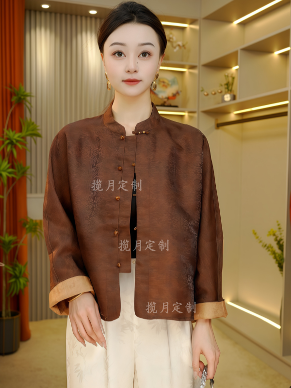 【初枝】2026新款女装短款长袖双面唐装上衣修身显瘦时尚新中式