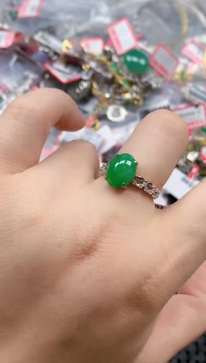 银S925镶嵌戒指翡翠天然A货缅甸翡翠