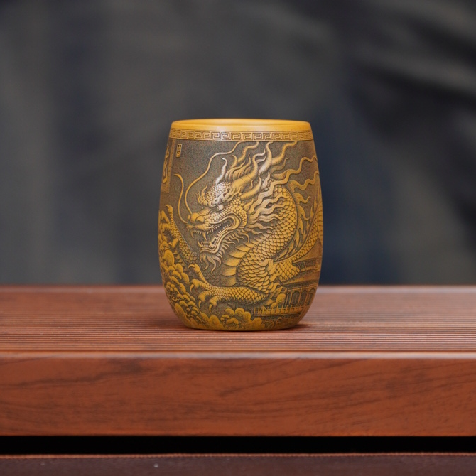 宜兴全手工原矿正宗茶具黄金朱泥刻绘龙腾龙蛋杯大气高档紫砂杯