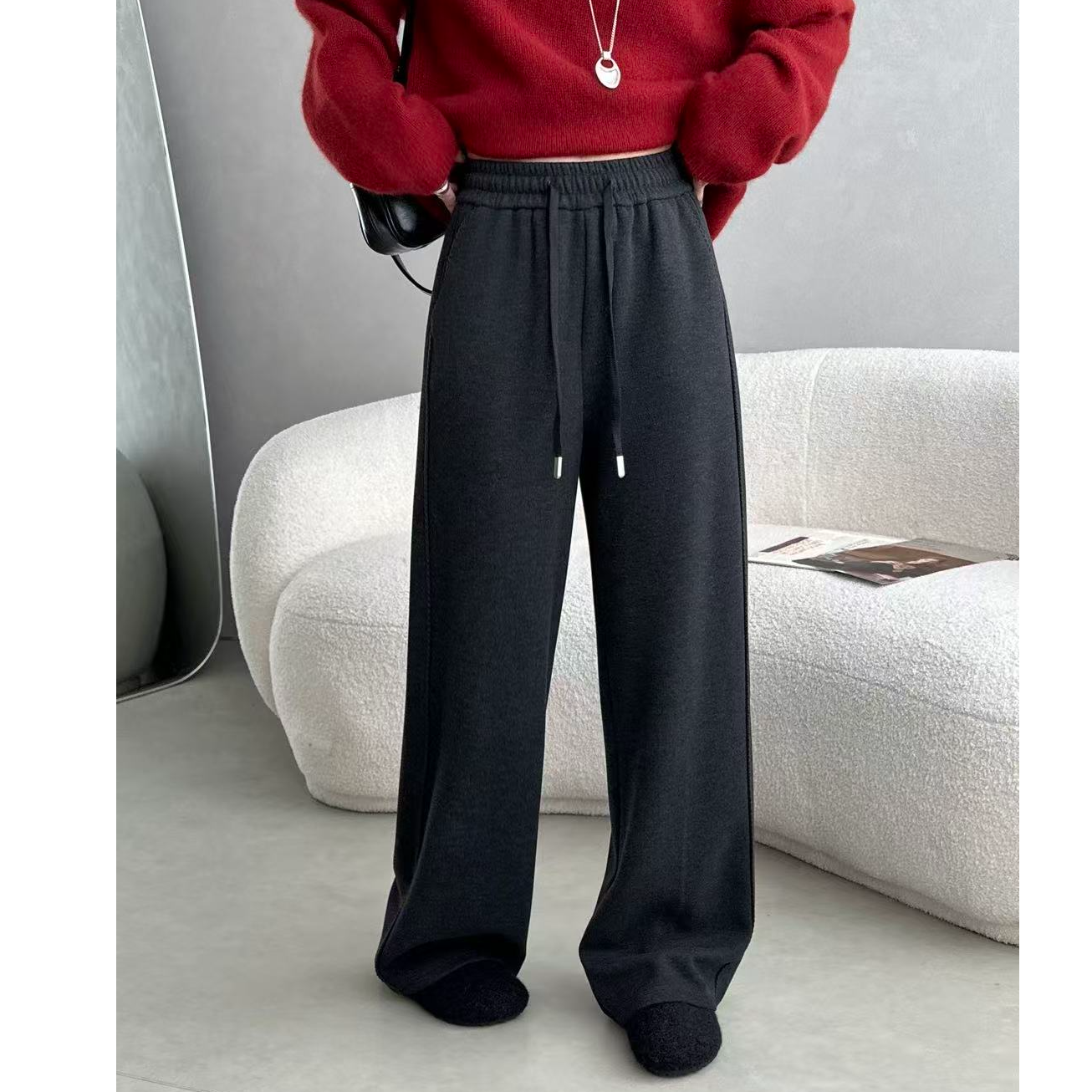 2025年秋冬季新款加绒加厚百搭显瘦松紧腰窄版直筒裤9955