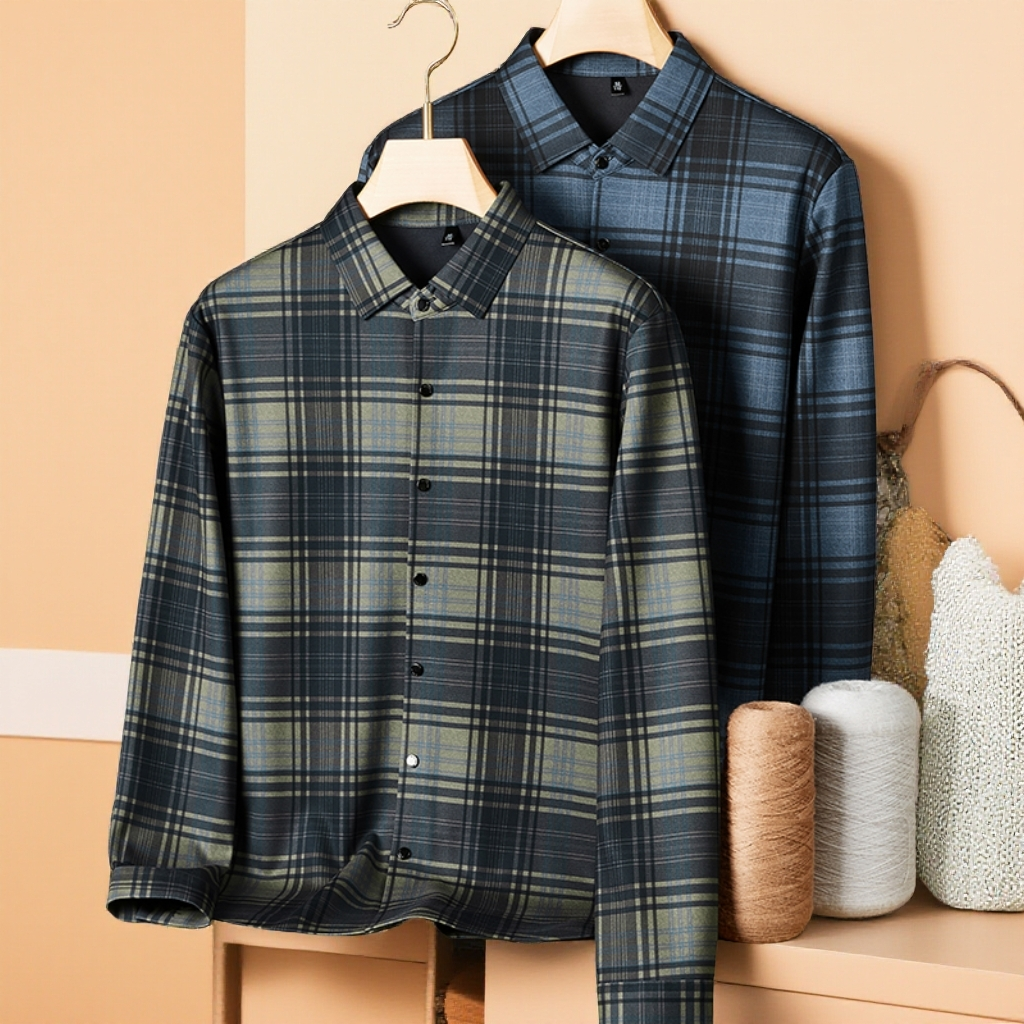 时尚百搭男士大码秋冬加绒保暖男休闲格子衬衫大码男装立体剪裁FP