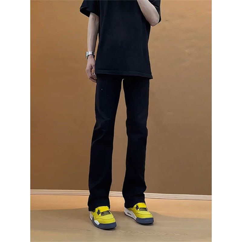 黑色柳叶弯刀牛仔裤男款秋季修身直筒裤子美式高街vibe风微喇裤子