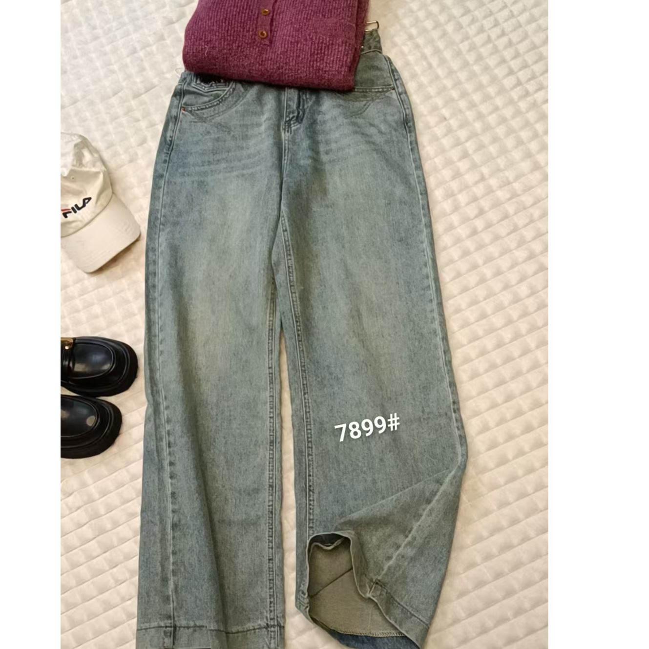 复古蓝春季新款微喇高腰牛仔裤 7899#