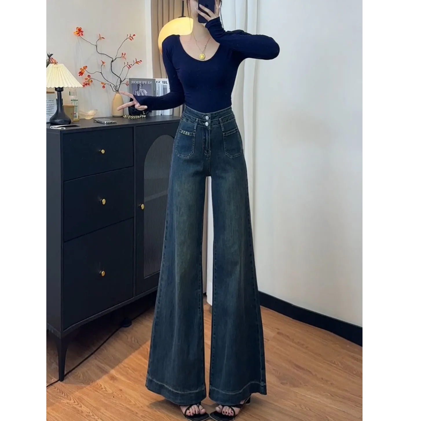 原版实拍A字版型阔腿牛仔裤女2025秋设计感口袋复古双扣拖地宽松