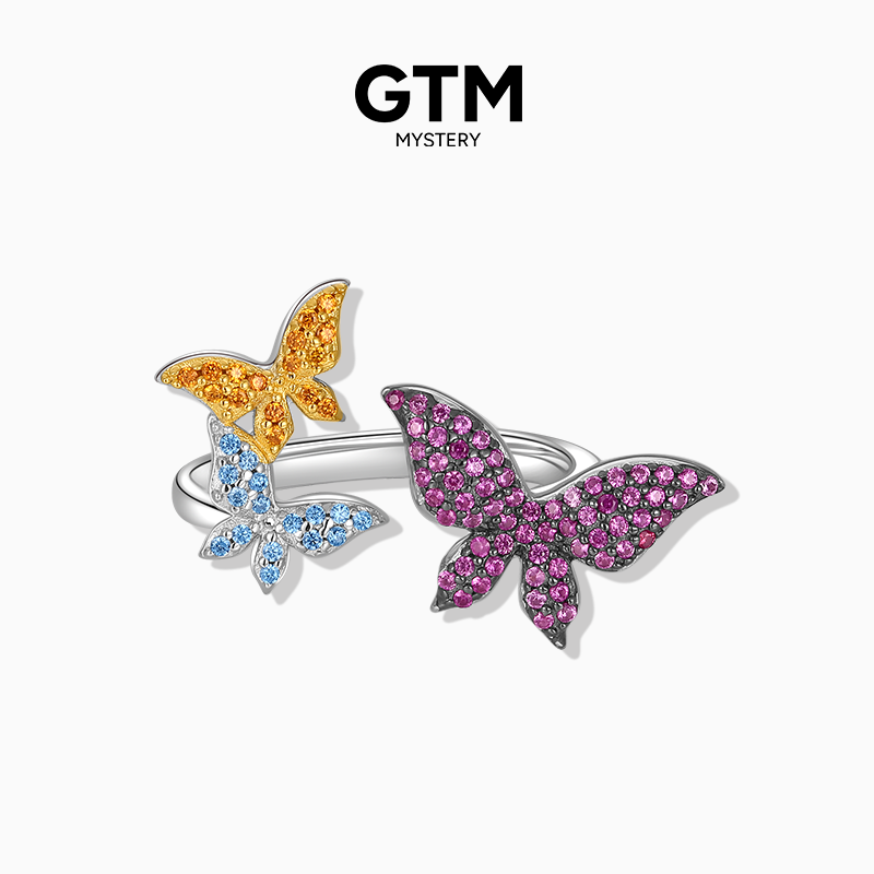 吊坠925银合成锆石 GTM蝴蝶戒指开口纯银指环轻奢高级感饰品新款
