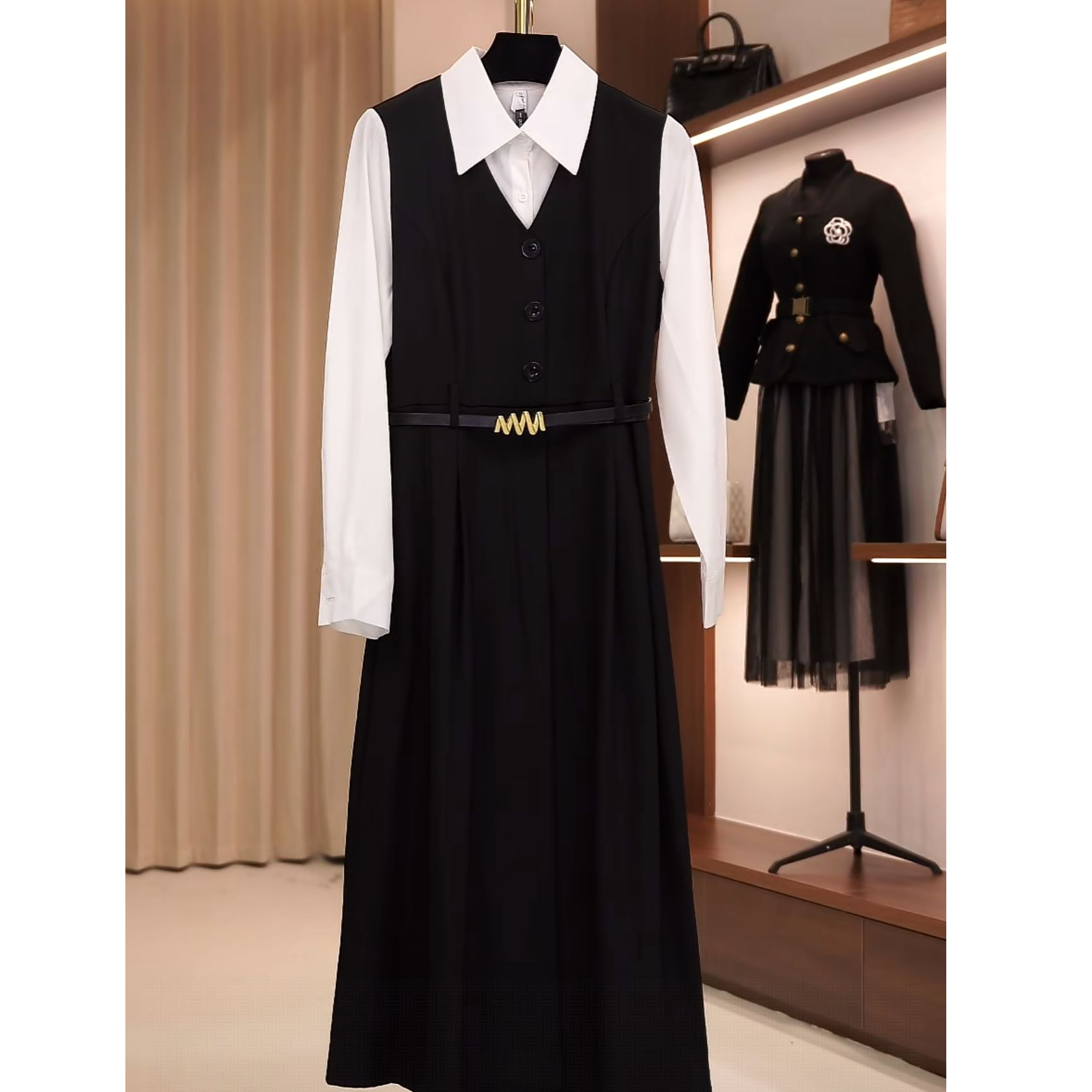 连衣裙女装轻奢法式显瘦气质复古拼接春季连衣裙黑色FF3317