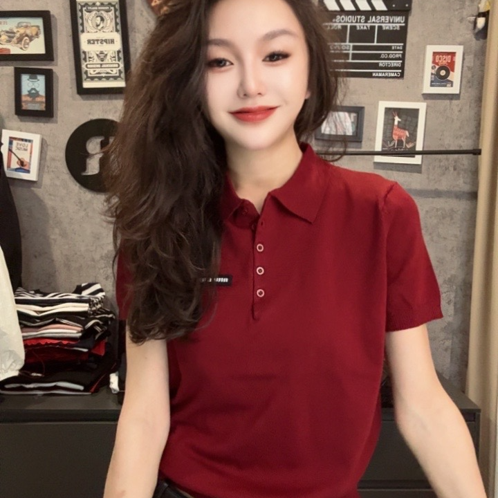 【格儿专属】夏季字母百搭修身短袖毛针织衫翻领针织青春感polo衫女