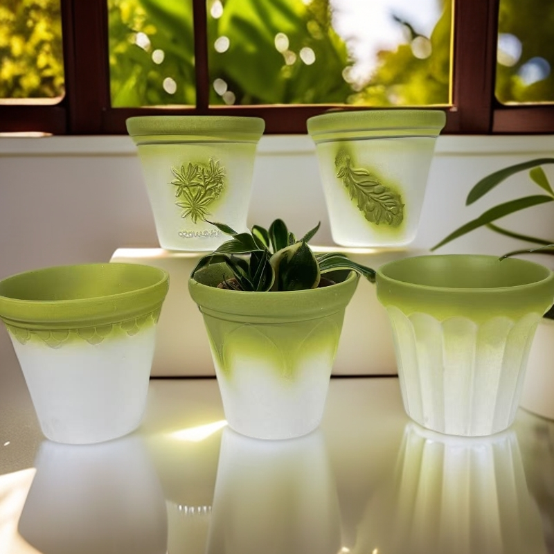 渐变橄榄绿红陶浮雕花盆大号绿植陶瓷花盆庭院阳台简约透气花盆