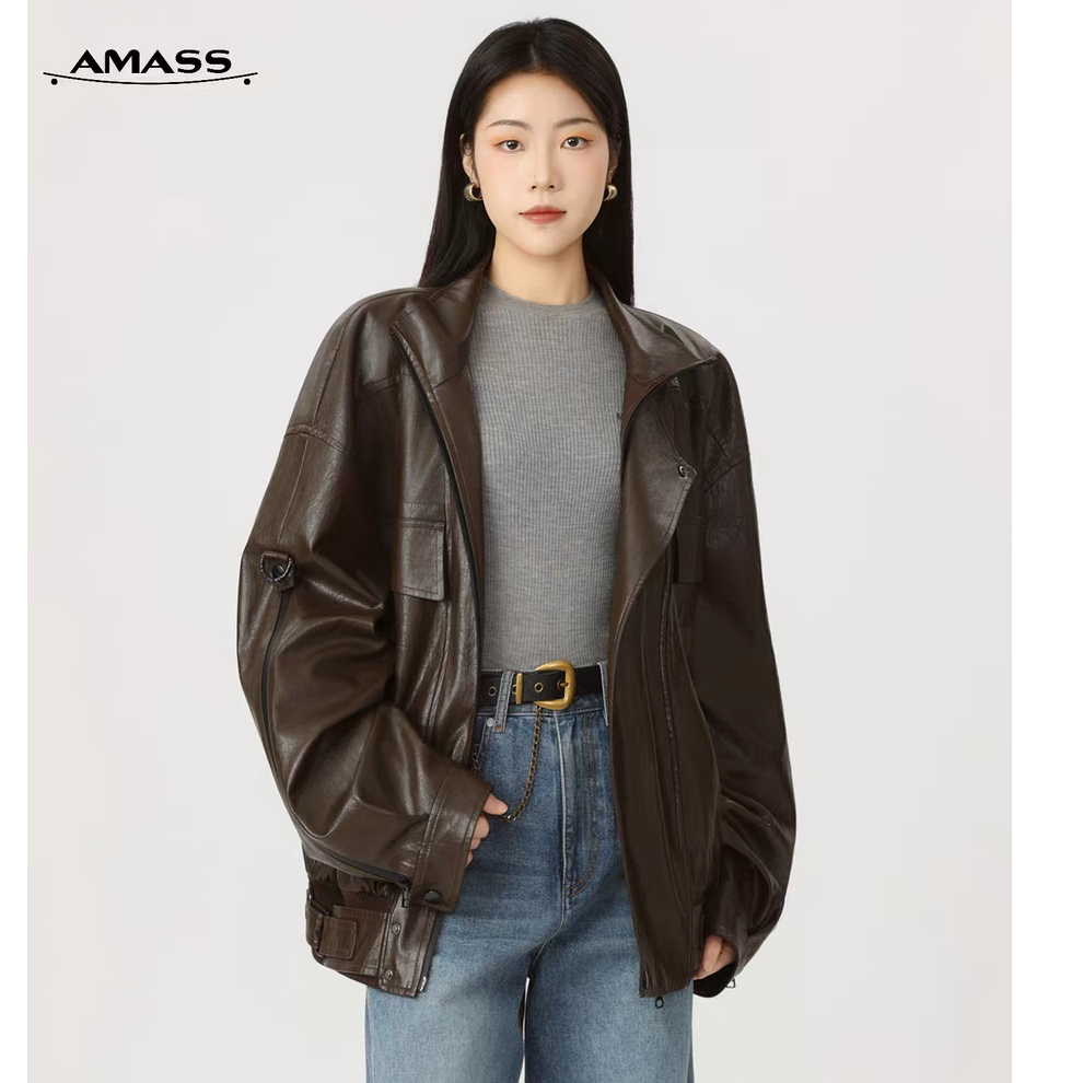 阿玛施25秋冬季新品时髦复古外套松弛感宽松休闲pu皮衣女士540091