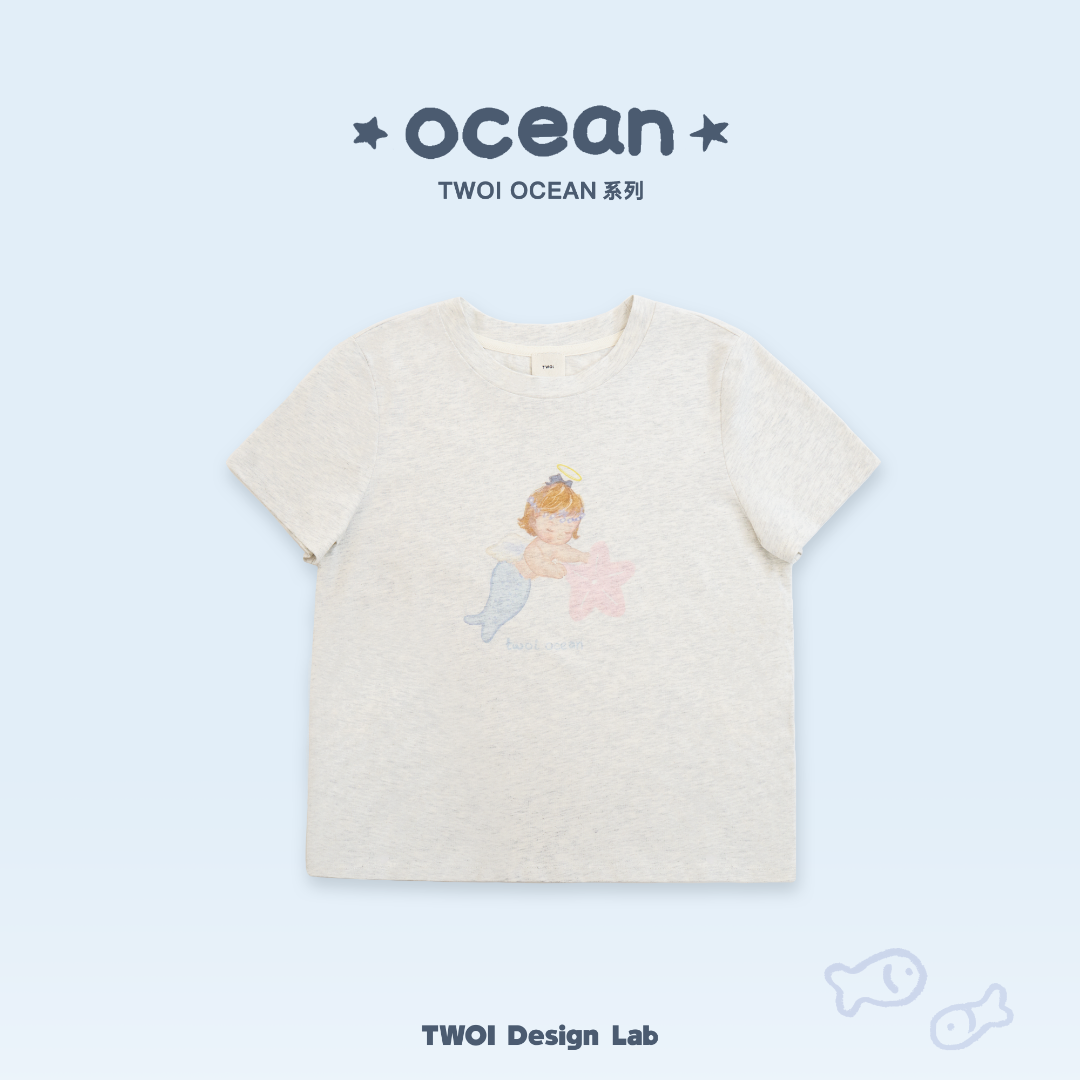 TWOI Design Lab "ocean系列"「奶油花灰小美人鱼海星圆领T恤」