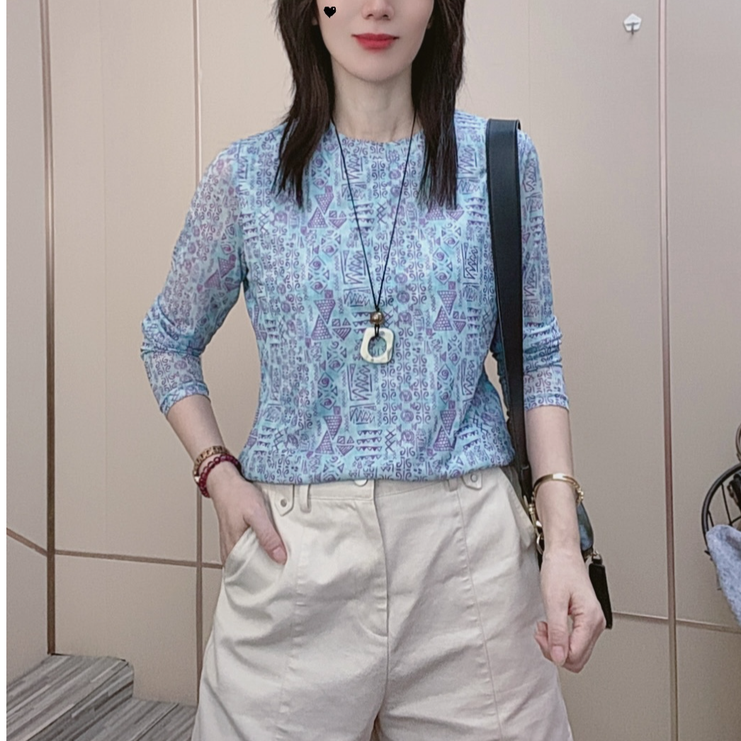 2025秋季新款女装圆领长袖洋气冰清玉蓝肌肤纱透气宽松t恤女体恤T