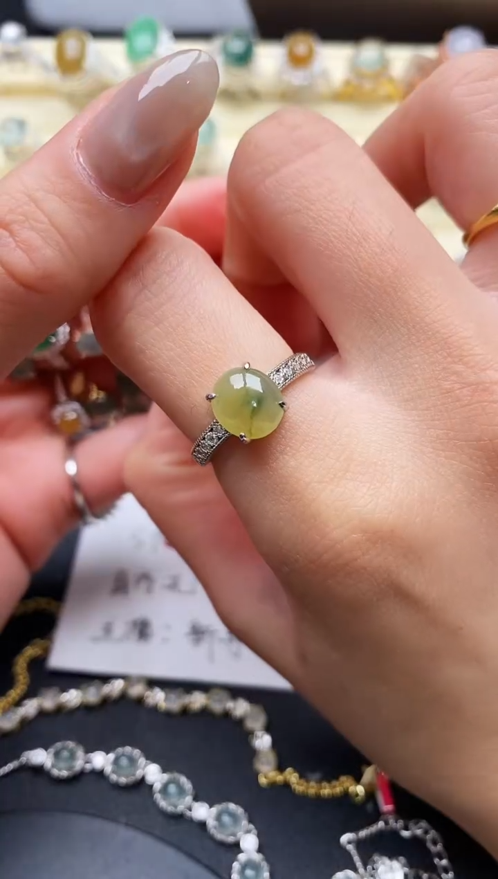 【闪购商品】翡翠戒指银S925镶嵌缅甸天然A货翡翠44  6-6