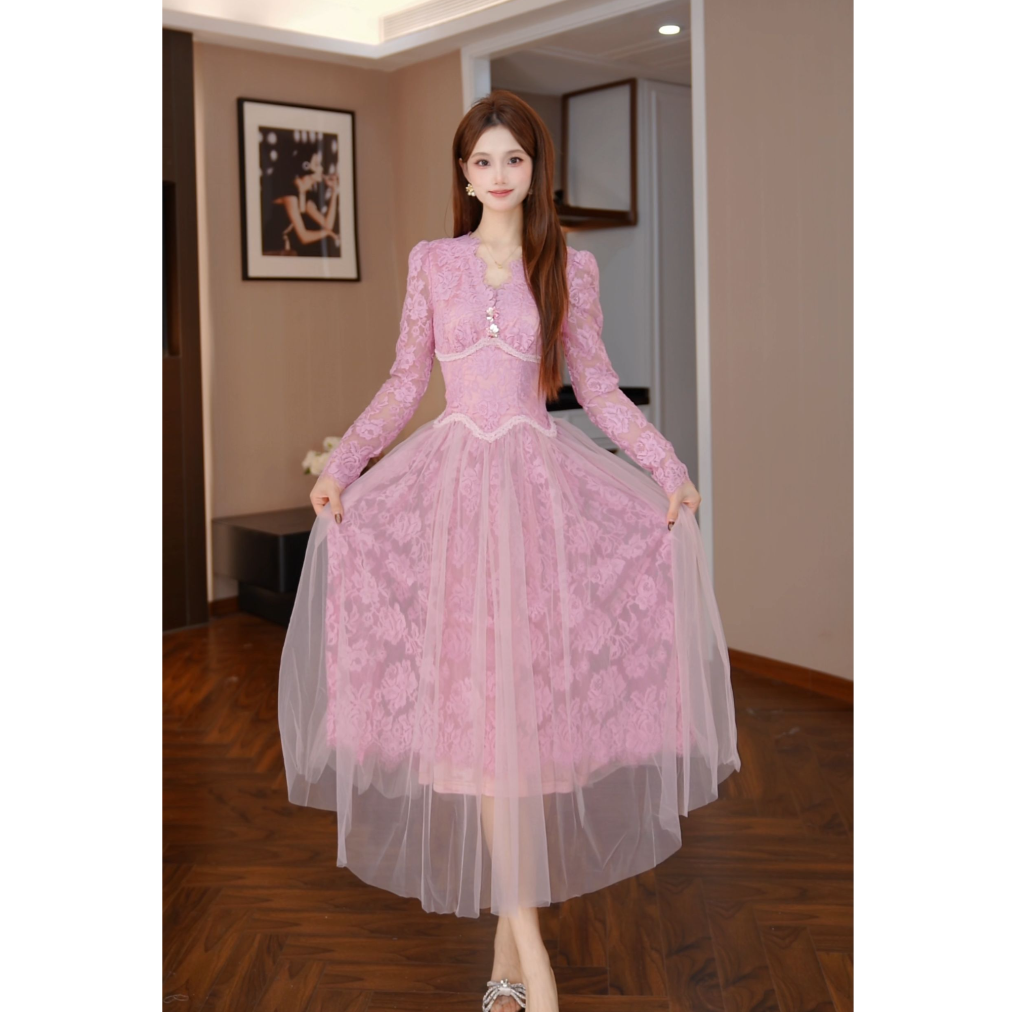 【媛一一定制】轻熟风拼接秋冬季高腰V领A摆显瘦气质连衣裙 22018