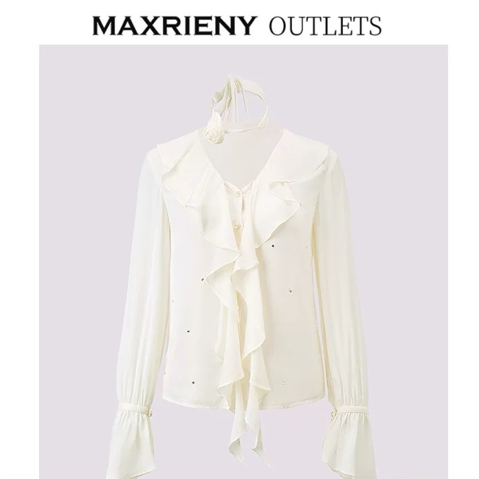 MAXRIENY秋米白色高级优雅感荷叶装饰衬衣上衣