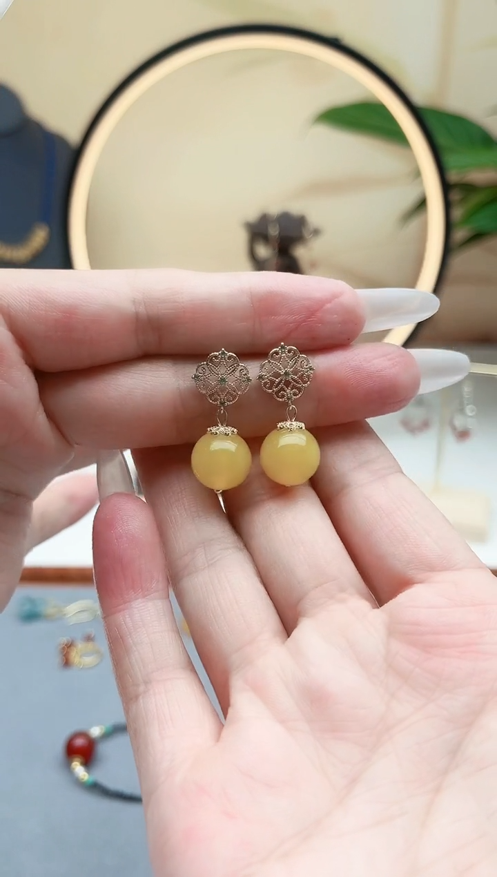 玛瑙/玉髓耳饰银S925镶嵌00黄色耳钉