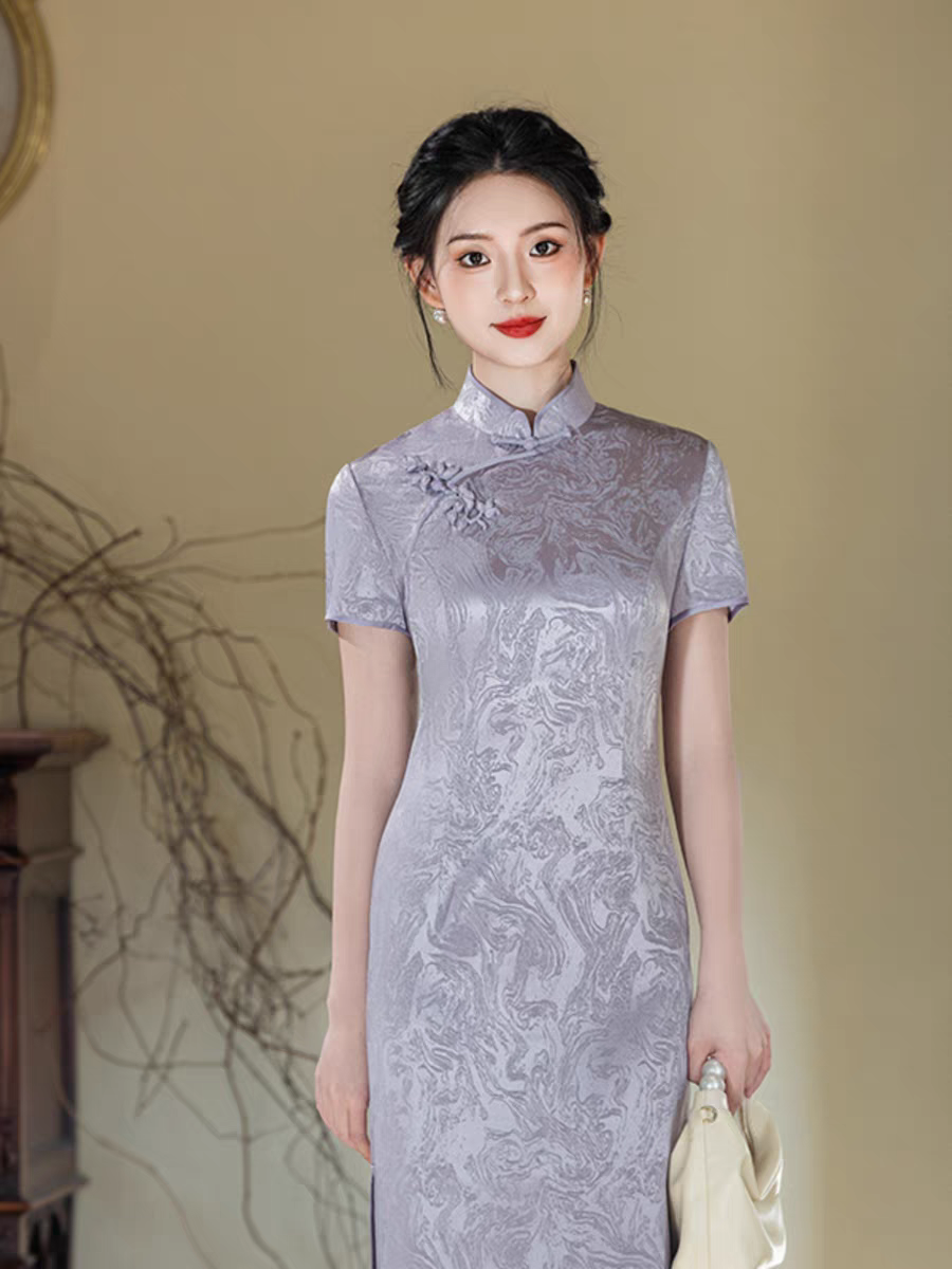 88155紫色-高端醋酸纯手工旗袍女2025新款春夏平时可穿礼服年轻款