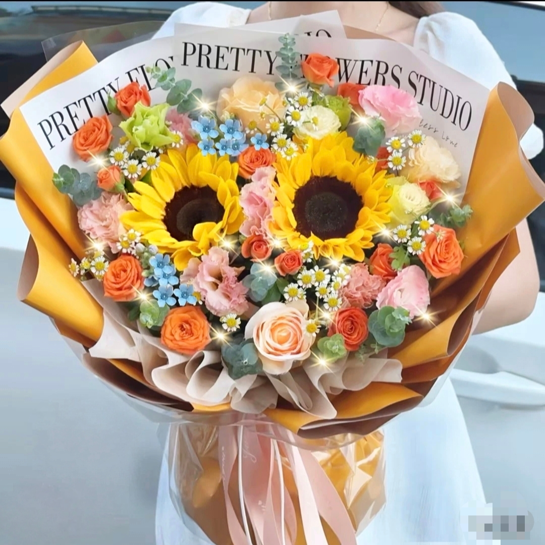 【心怀感恩】2朵向日葵6朵香槟玫瑰混搭花束生日祝福送学生老师客户