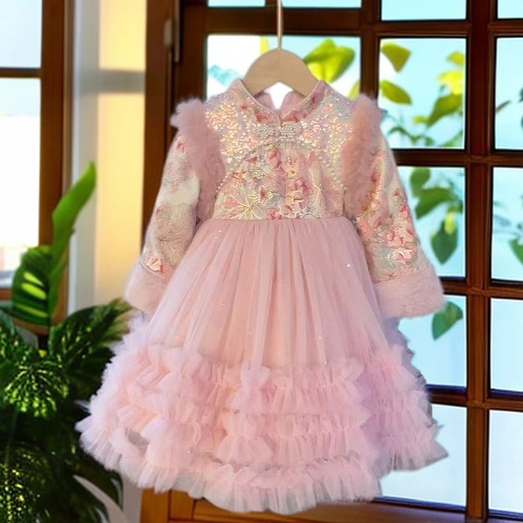 【J4588加绒】2025冬款粉色新中式加绒加厚女童公主裙