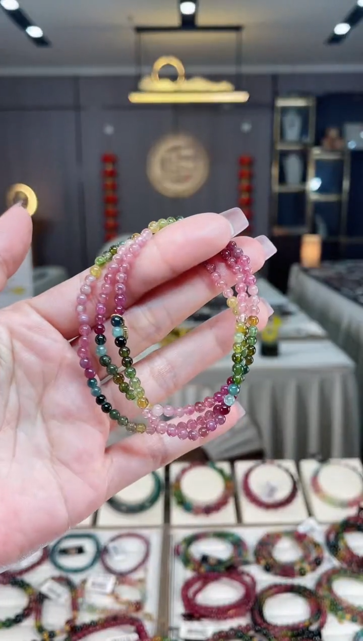 未镶嵌冰透体老矿碧玺彩虹三圈手串3mm+碧玺hon多样性发一条