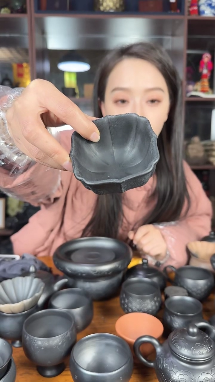 神农黑陶微瑕锤纹方口杯