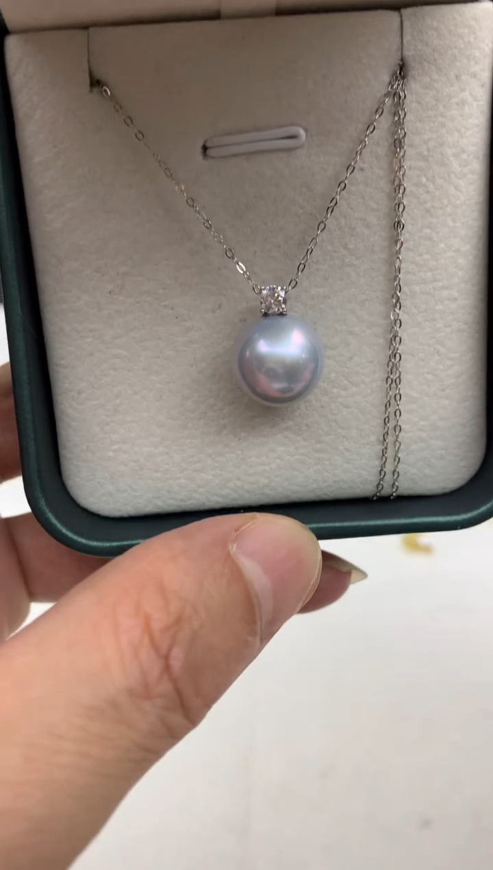 18K金镶嵌ff淡水珍珠白珠吊坠(赠链）12~13mm