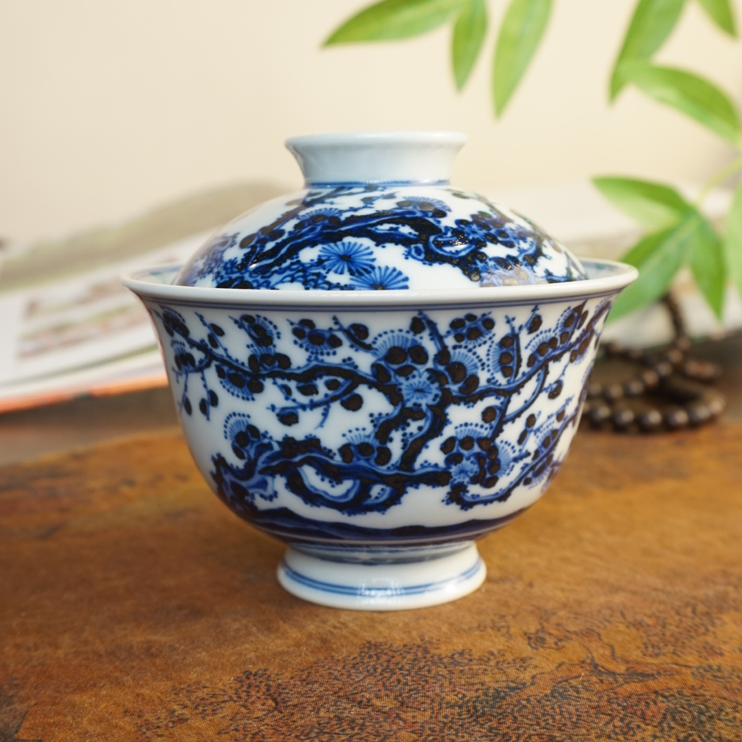 望月御品纯手工手绘釉下青花岁寒三友二才盖碗景德镇陶瓷柴窑