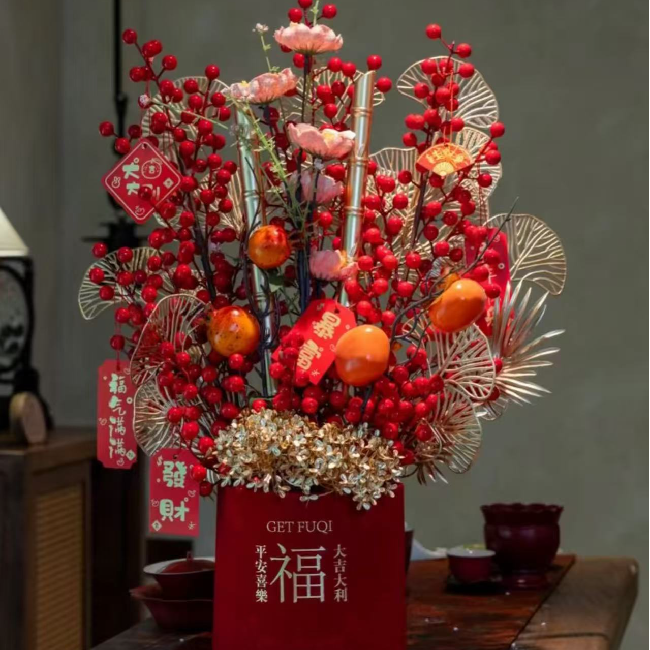 发财果福桶新居乔迁结婚开业装饰室内桌面仿真花卉摆件