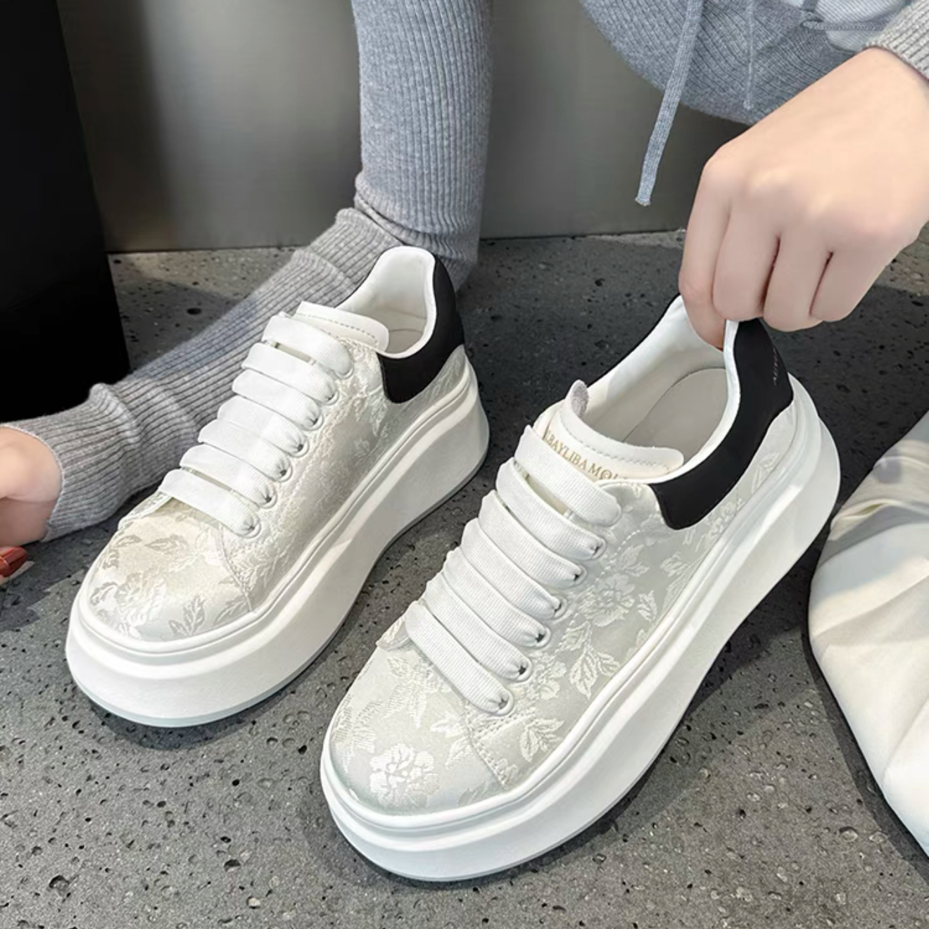 【老戴严选】国风印花大白鞋增高厚底4211